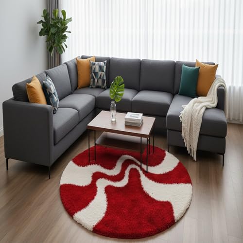 Image of Vintage Threads (Red 3D 4x4 Ft Shaggy Carpet for Living Room & Bedroom | Ultra Soft Plush Long Pile Rug | Thick Fluffy 3D Modern Floor Carpet | Cozy Luxury Home Decor Rug