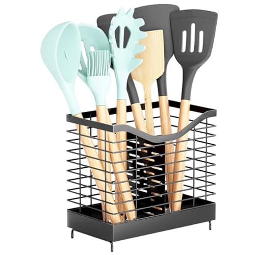 buysigo Utensilienhalter für Küchentheke，Küchenarbeitsplatte Utensil Organizer，große schwarze Edelstahl Utensil Schale，2 Fächer Küchenutensilien Caddy，Schwarz