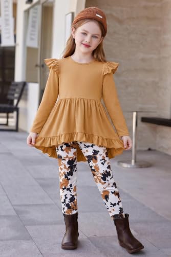 Image of Arshiner Toddler Girl Clothes Ruffle Trim Long Sleeve Pullover Top and Floral Print Leggings Fall Outfits Kids Clothing Sets
