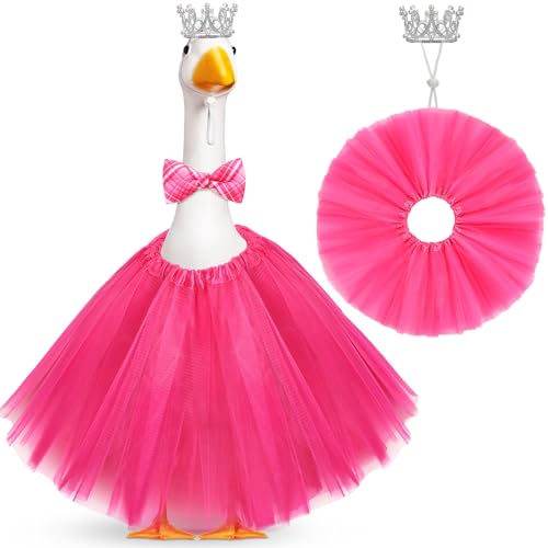 Jeere Princess Goose Outfit Rhinestone Tiara Crown Tutu Skirt Costume for 17‘' 23‘' Cement Porch Goose Party Decor (Rose Red)