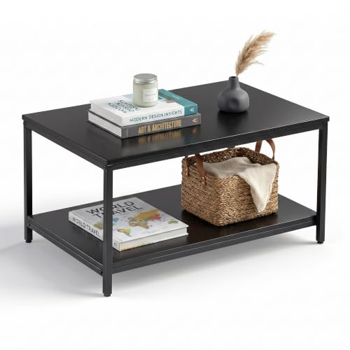 SUPER DEAL 2-Tier Industrial Coffee Table with Storage Shelf for Small Apartment Living Room, Rectangle Wood and Stable Metal TV Stand Side End Table, Black