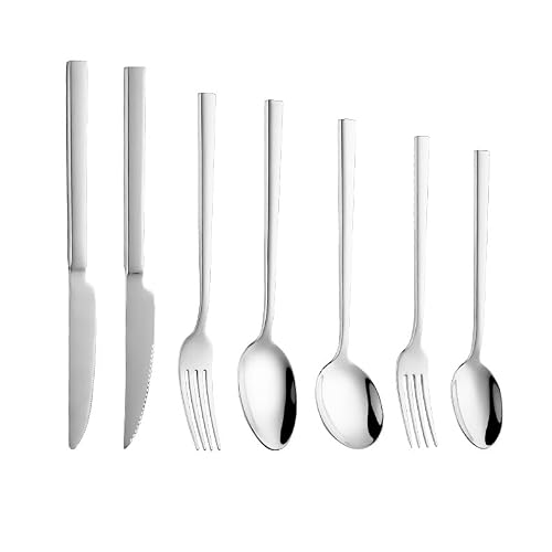 Silverware Flatware Cutlery Set, 7/28/42/56/70/84 Pieces Stainless Steel Korean Knife and Fork Spoon Square Handle Dinner Knife and Fork Thickened Tableware Set,Silver-70 Pieces for 10