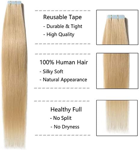 Tape in Hair Extensions Human Hair 16inch 100% Remy Real Hair Skin Weft Straight(20pcs-50g #613 Bleach Blonde) - Image 3