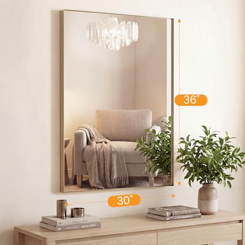 Image of NEWBULIG 30 inchx36 inch Wall Mirror, Bathroom Mirrors for Over Sink, Gold | Matte Metal Framed Vanity Mirror with Tempered Glass, Entryway, Living Room, Bathroom