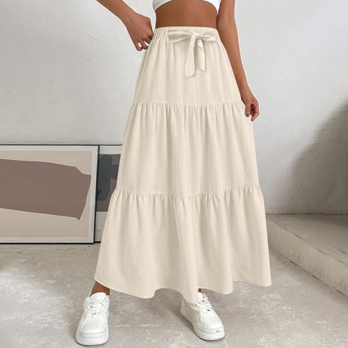 Linen Maxi Skirts for Women 2025 Bow High Waisted Aline Tiered Long Skirt Trendy Summer Vacation Boho Beach Skirt2