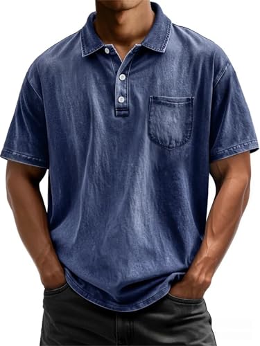 Mokaloha Shirts for Men, Men's Retro Casual Lapel Pocket Solid Color Short Sleeve Shirt Washed and Distressed Polo Shirt