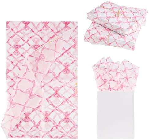 Generic 30 piezas de papel de seda con estampado de pajarita de red rosa, hojas de papel de regalo de 14 x 20 pulgadas para embalaje de regalo de