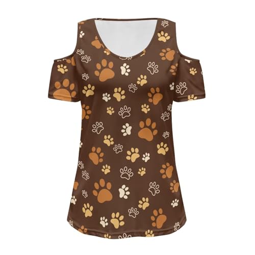 Allinterest Cold Shoulder Summer Tops Paws Print V Neck T Shirts for Women Regular Fit Soft Casual Short Sleeve Basic Tees Blouses