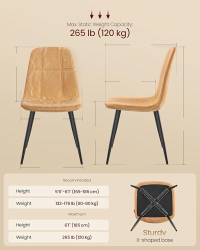 Image of VASAGLE Dining Chairs, Set of 4 Dining Room Chairs, Metal Frame, Adjustable Feet, Easy to Clean, Glacier-Textured Synthetic Leather, for Kitchen, Caramel Brown UKDC188K01