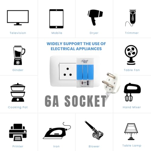 Image of Hi-PLasst 3 Pin Multi Plug | Universal Conversion Multiplug with Type A and Type C USB Charger | Universal Travel Adapter with Individual Switch & LED Indicator | 3 Way Plug Extension with Fuse