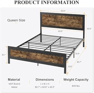SHA CERLIN Grey Metal Bed Frame Queen, Industrial Wooden Platform Base with Rivet Headboard and Footboard, No Box Spring Needed
