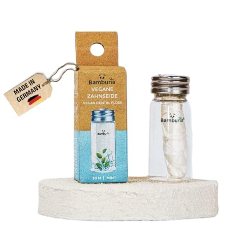 BAMBUNA Filo interdentale in vetro con sapore di menta, 30 m, filo interdentale senza plastica, filo interdentale in vetro con coperchio di separazione, prodotto in Germania
