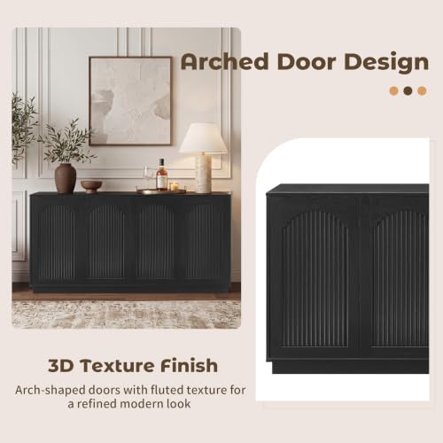Image of LKTART 64 inch Modern Sideboard Buffet Cabinet with Arched Fluted Doors, Black