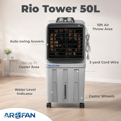 Image of Rio 50L Air Cooler for Room Cooling | Anti Bacterial Honey Comb Pads | Auto Swing Louvers | Compatible Wheels for Easy Moving