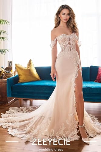 Zeeyecie Mermaid Tulle Wedding Dresses Lace Applique Corset V-Neck Sparkly Bridal Gowns with Train for Brides3