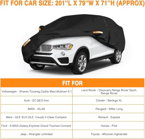 Image of SUV Car Cover All Weather Waterproof Fit for Ford Explorer,Toyota Highlander,Jeep Grand Cherokee,Dodge Durango,Honda Pilot,Hyundai Palisade,Lexus RX for Automobiles Universal Fit SUV Up to 201 inch