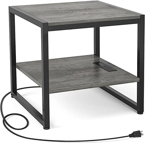 Homieasy Mesa auxiliar con estación de carga, mini soporte para refrigerador de 20 pulgadas con tomas de corriente, mesa auxiliar resistente para sala de estar, soporte de mesa pequeña y mesa de