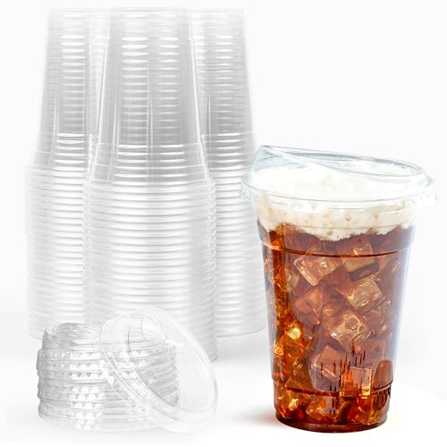 Prestee 100 Clear Disposable Iced Coffee Cups with Lids, 16oz - Plastic Cups with Strawless Sip Lids - Durable Cold Brew, Smoothie, or Beverage Cup for On-the-Go, Christmas and Holiday Party Supplies