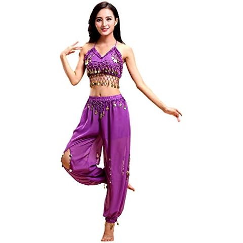 Grouptap Bollywood indian kids kuchipudi bharatanatyam princess belly dance purple 2-piece wave pants costume outfit children girls (Purple, 150-170 cm) Cover