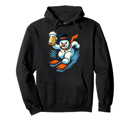 Kawaii Schneemann auf Skiern mit Glas Bier Pullover Hoodie
