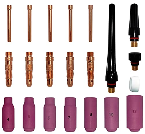 ELCAN Consumibles y accesorios profesionales para antorcha soldadura TIG serie WP 17 18 26 con toberas cerámicas, boquillas, difusores, tapones y porta-tungstenos. 21 piezas