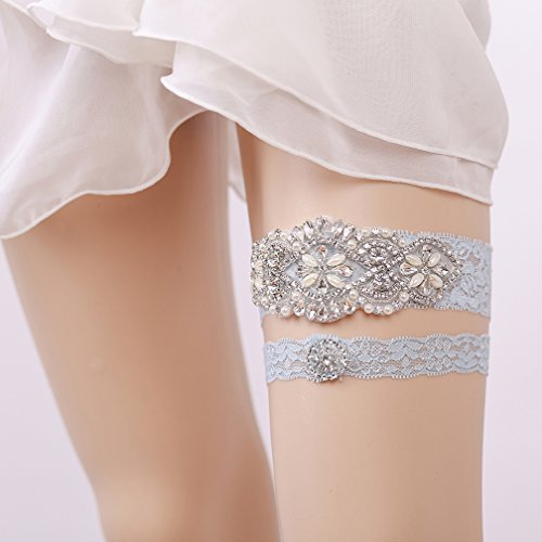 Eliffete Blue Bridal Lace Garter Set With Rhinestones For Bride Toss Away Garter #TOP5