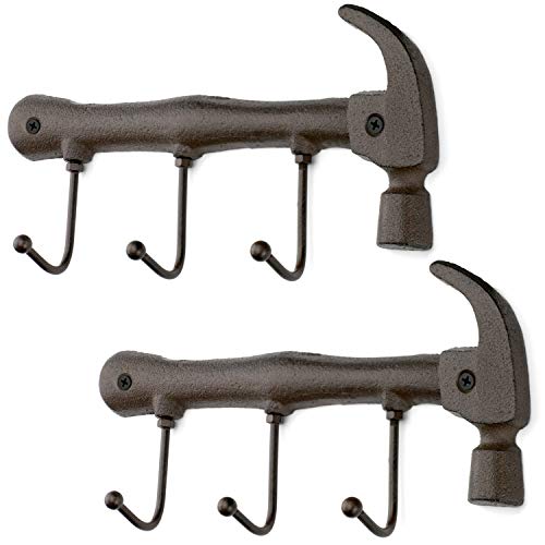 Image of Arks Royal Retro Vintage Key Rack Holder Hanger Decorative Wall Mounted Coat Hooks,Cast Iron Hammer Shape Heavy Duty Garage Decor for Men, 2 Pack