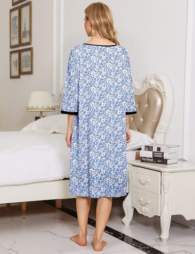 Image of Bloggerlove House Dress Women Cotton Snap Front Nightgown 3 /4 Sleeve Housecoat Duster Robe with Pockets Moomoo Patio Dress