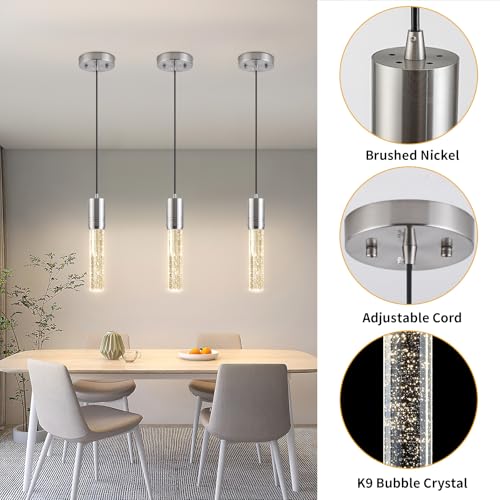 JULiN HOME Brushed Nickel Pendant Lights Kitchen Island, Crystal Bubble Pendant Lights, Adjustable Modern Pendant Light Fixtures for Dining Living Room Bedroom 3 Pack by JULiN HOME - Used condition - Image 4