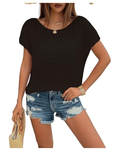 Verdusa Women's Hollow Out Sheer Knit Top Dolman Sleeve Pullover Cover Up