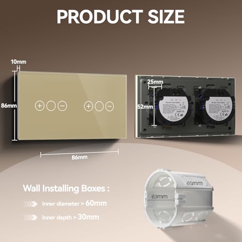 BSEED Doppelt DimmSchalter für LED-Lampen, Touch Lichtschalter aus Glas, Non-wifi Schalter 240V für eine perfekte Listimmungsvolle, 1 Fach 1 Weg Gold