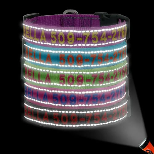 Personalisierte reflektierende Hundehalsbänder, gestickter Name/Telefonnummer, D-Ring-Schnalle mit Schnellverschluss, weiches Nylon, personalisiertes verstellbares Haustierhalsband, 4 Größen für Hund