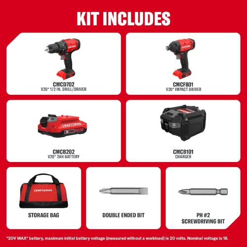 Image of CRAFTSMAN V20 Cordless Drill Set and Impact Driver, Includes 2Ah Battery and Charger, Power Tool Set with 1700 RPM 1 /2 In. Power Drill, 1800 Torque 1 /4 In. Impact Screwdriver, LED (CMCK201D1)