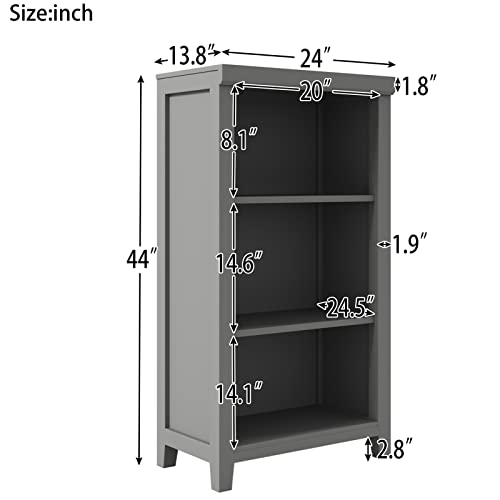 Ymlpre 3 Shelf Wood Bookcase Gray Freestanding Display Shelf, Open Sotrage Bookshelf For Home Office Library Playroom Kid Room Nursery School Small Narrow Space, 24W X 13.8D X 44H, Gray #TOP2
