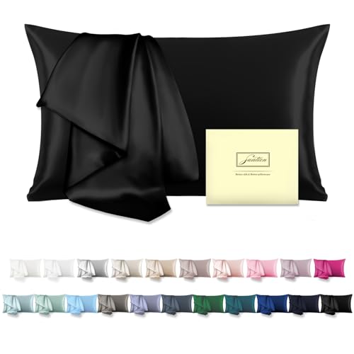 Natural Mulberry Silk Pillowcase for Hair and Skin Queen Size 20"X30" Silk Pillow Case with Hidden Zipper Soft Breathable Smooth Cooling Silk Pillow Covers for Sleeping(Black,Queen,1Pcs)