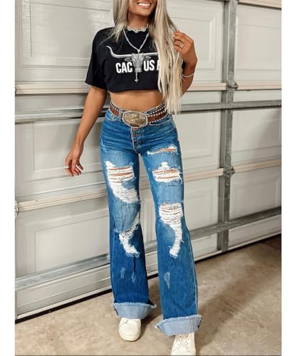 Women's 90S Vintage High Waisted Distressed Bootcut Jeans Stretchy Stylish Ripped Design3