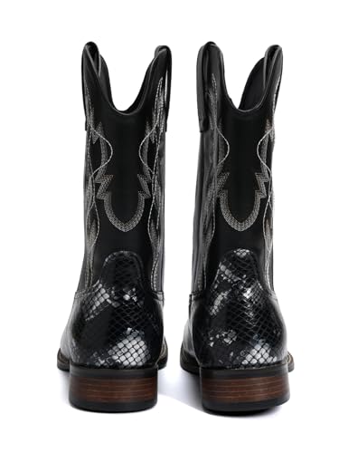 Image of Python Manning Men's Boots Cowboy for Men Classic Square Toe Western Pull Up Snakeskin Embroidered Mid-Calf Boots