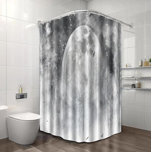 Rideau de douche 180x180 cm lune forêt gris dégradé en polyester imperméable - 5