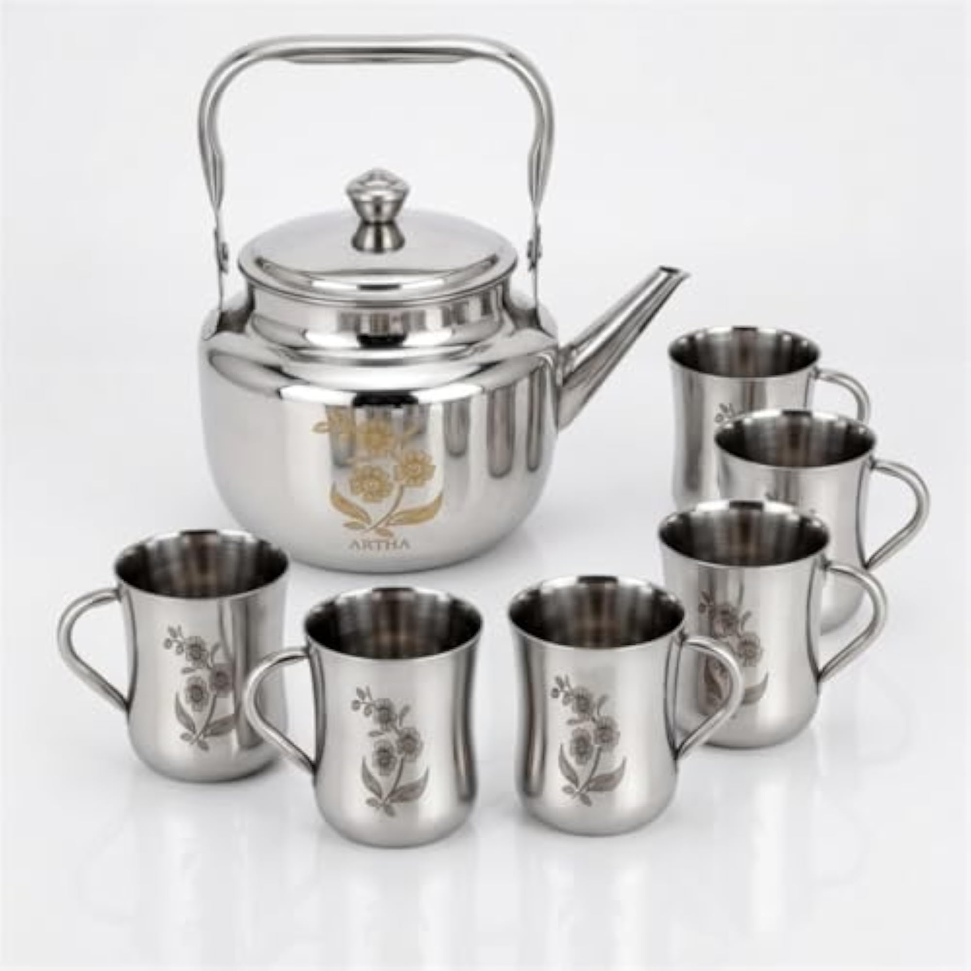 Pack of 7 Tea Kettle Cups Set with Kettle