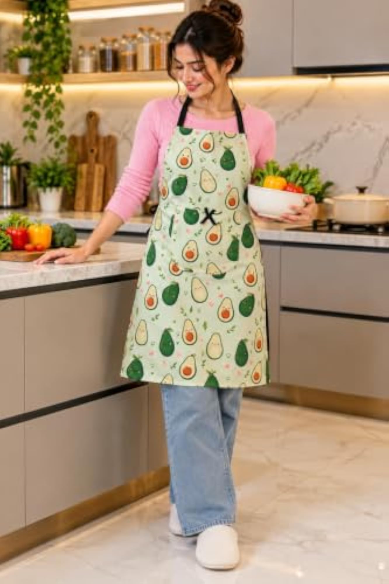 Avocado Print Kitchen Apron for Women with Large Pocket & Bow