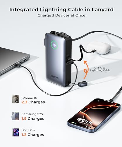 Image of Portable Charger Power Bank - Travel Essentials Battery Pack 35W AC Plug GaN 10000mAh Built in Cable USB C Phone Fast Charging Powerbank Compatible with iPhone 16 15 14 13 iPad MacBook Samsung