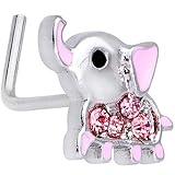 Body Candy Womens 20G Steel L Shaped Nose Ring Pink Accent Elephant Nose Stud Body Piercing Jewelry 5/16'