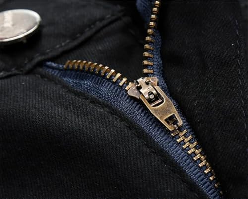 Men's Leather Knee Zip Jeans (No Belt) Stretch Slim Straight Motorcycle Denim Trousers3