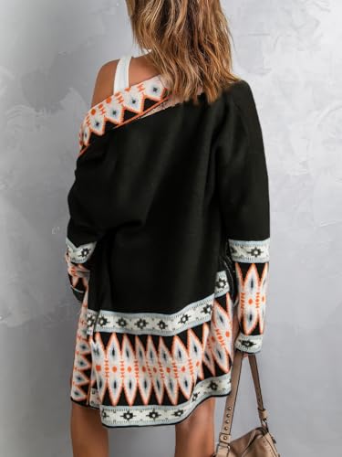 ebossy Women's Fashion Aztec Print Jacquard Knit Open Front Cardigan Lapel Long Sleeve Boho Graphic Long Sweater Coat4