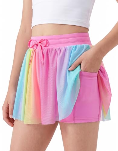 Kids4ever Girls Athletic Shorts with Spandex Liner Pockets Teen Flowy 2 in 1 Tulle Short Rainbow High Waisted Clothes for Kids Beach Causal Daily Preppy Size 11-12 Pink