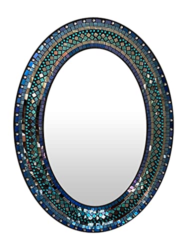 Handcrafted Oval Mosaic Wall Mirror, Decorative Mosaic Mirror Wall Art, Wood Framed Mirror Fitted with Small Glass Mosaic Pieces, Rainbow Blue Large Wall Mirror, 32 x 24, by Home Gift Warehouse