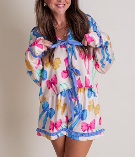 Image of Yiulangde Valentines Heart Bow Pajamas for Women Silk Satin Ruffle Shorts Pjs Tie Front Long Sleeve Shirts Pajamas with Bows