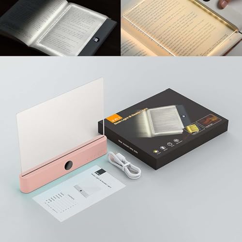 Luces de libro para leer en la cama, lámpara de panel LED plana recargable con 3 colores y temporizador, luz nocturna de dormitorio de página completa regulable para amantes de los libros Pink