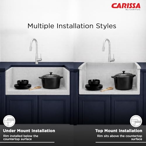 Image of Carissa By Carysil Titanium Max Plus Quartz Kitchen Sink 24 x 18 x 8 inches, Single Bowl Granite Sink with 80% Quartz & 20% Resin, Heat Resistant 300C, 50kg Load Bearing, Stain Resistant - Off White