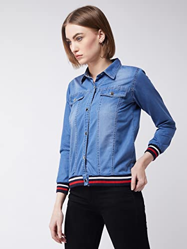Image of Miss Chase Women's Polo Neck Full Sleeves Patch Pocket Denim Overcoat Knee-Length Jacket